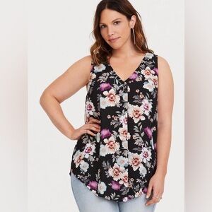 Torrid Black Floral Georgette Single Pleat Tunic Tank- Size 1
